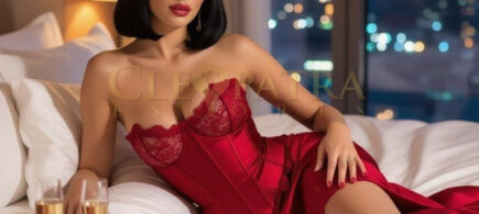Elegant woman in red lingerie on bed with city view at night, luxury escort.